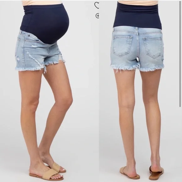 Pinkblush Medium Wash Distressed Raw Hem Full Panel Maternity Shorts - Picture 2 of 9